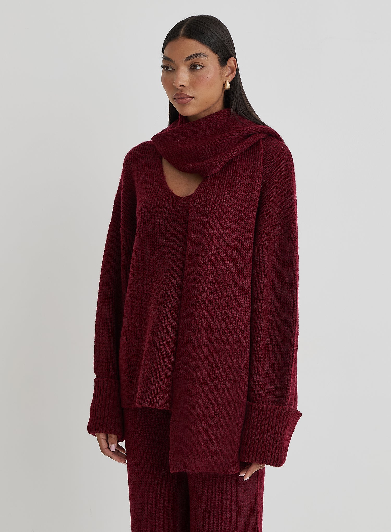 Burgundy Slouchy Knitted Jumper With Scarf